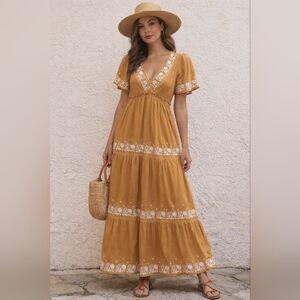 Bohemian Mustard Maxi Dress Coquette Trendy Spring Summer